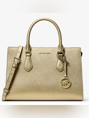 NWT Michael Kors Sheila Medium Metallic Gold Saffiano Leather Satchel